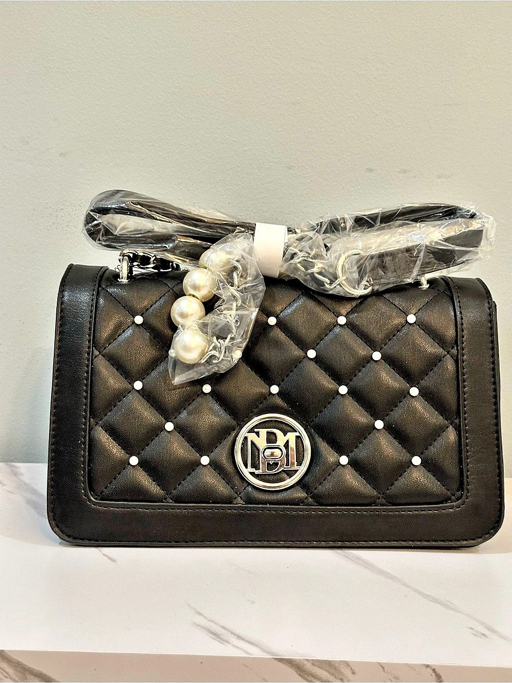 Studio Badgley Mischka Enzo Crossbody with Pearls and Round Letter Lock on Cover